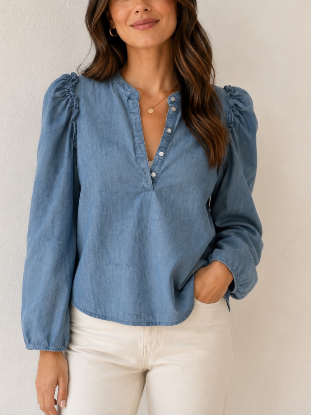 J. Crew Light Blue Denim Puff-Sleeve Button-Front Shirt
